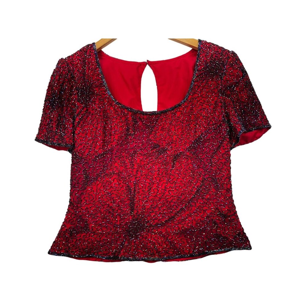 Vintage Andretta Donatello Womens Beaded Silk Blouse Top Size L Red Elegant Chic